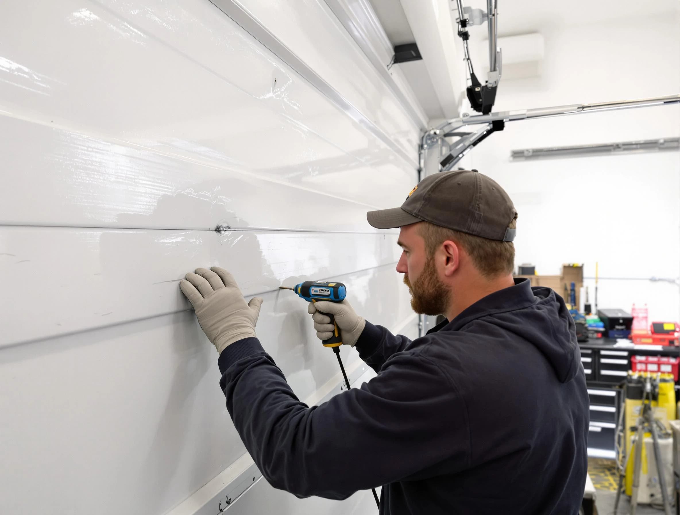 Chattahoochee Hills Garage Door Repair technician demonstrating precision dent removal techniques on a Chattahoochee Hills garage door